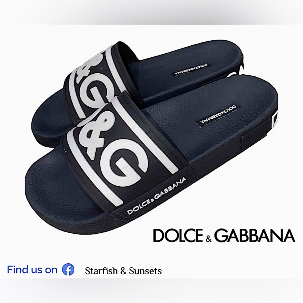 Dolce&Gabbana Black White Logo Pool Slides EU Size 40 (Mens US 9) Unisex